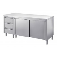 Tavolo inox con scorrevoli profondità 600 con cassettiera 3 cassetti Tavolo inox con scorrevoli profondità 600 con cassettiera 3 cassetti